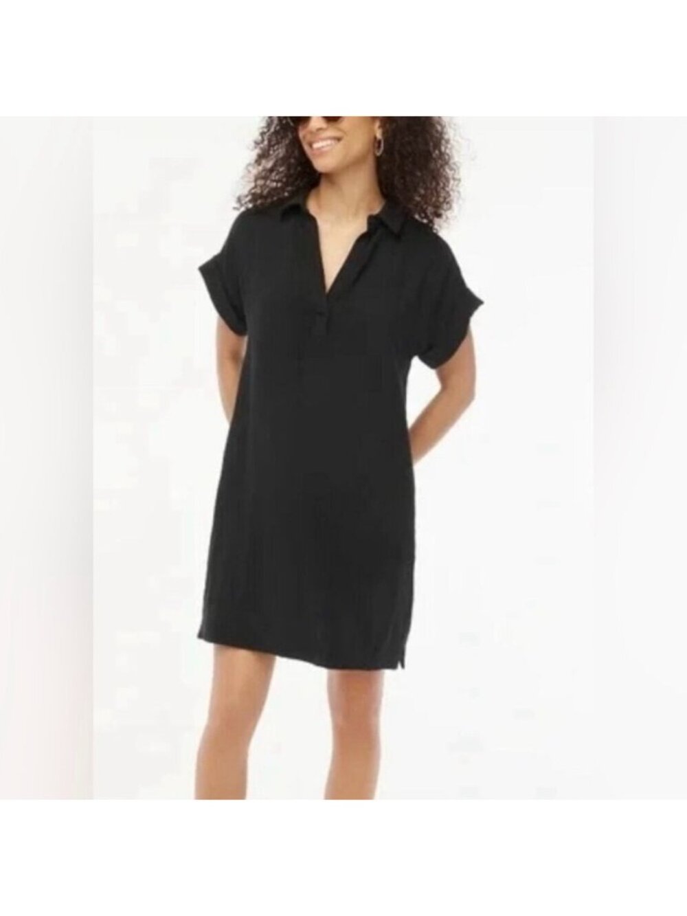 NWT J. Crew Black Short Sleeve Guaze Popover Dress, V-Neck & Pockets - Size: XXL